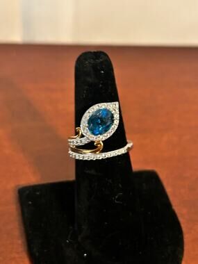Blue Topaz 925 Sterling Silver Two-Tone Halo Bypass Ring Size 6.75